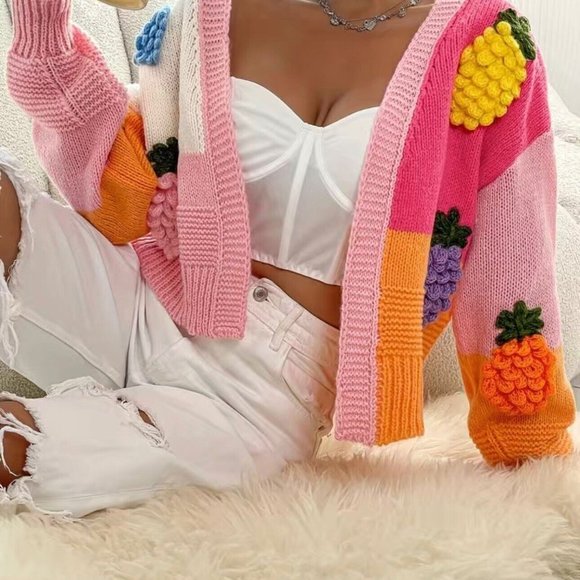 Women Open Knit Sweater Cardigan Medium Pink Orange Colorblock Fruit Embroidery - Picture 4 of 15